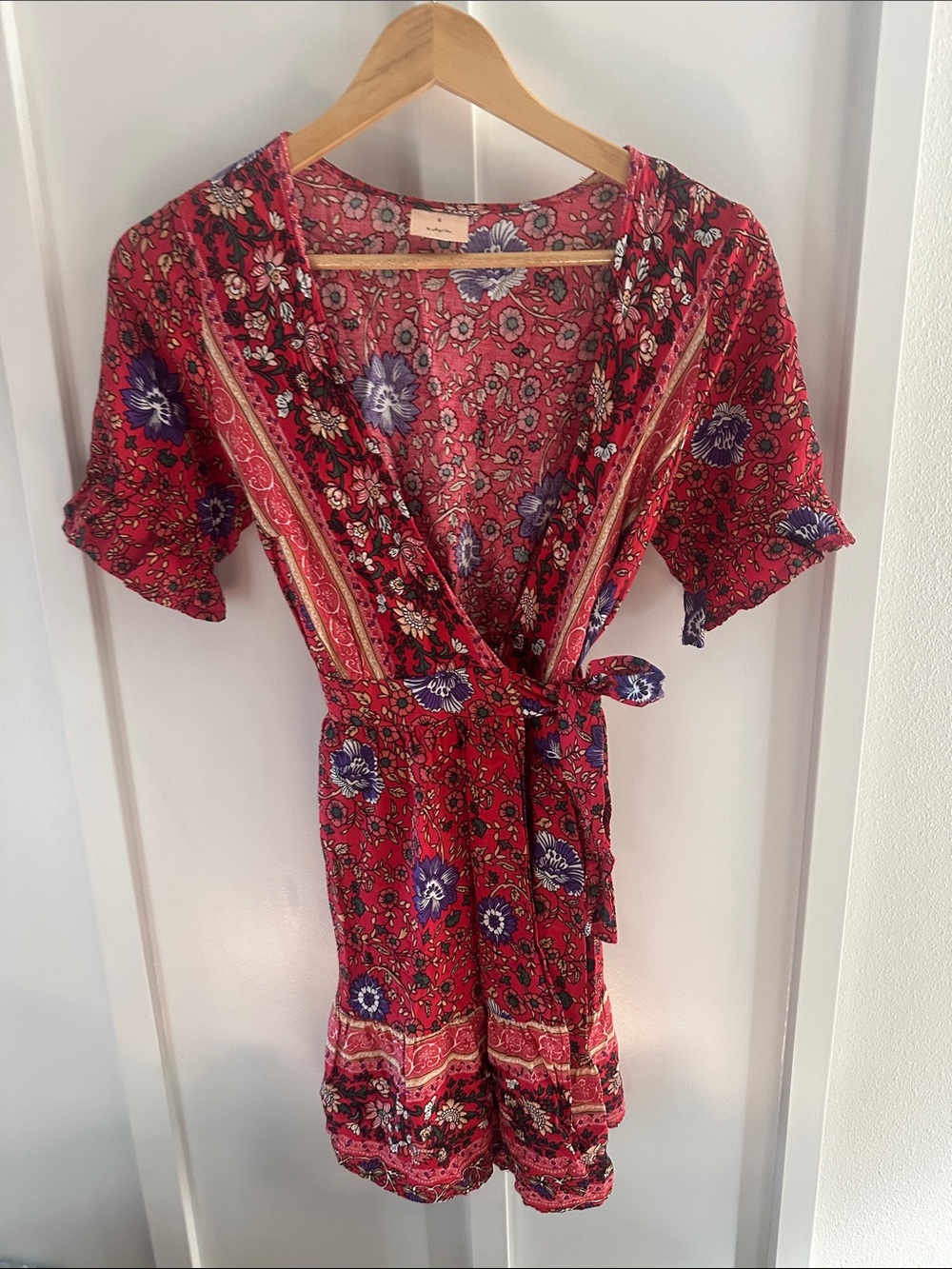Angel Biba Red Floral Midi Wrap Dress with Blue Accents